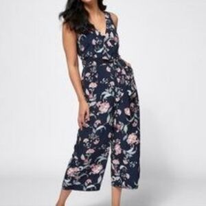 V-neck Floral Navy Women's Jumpsuit With Pockets Size M